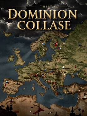 Dominion Collapse game cover - war-torn empire map viewed from above with dramatic storm clouds
