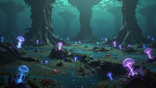 Upcoming exploration game teaser - bioluminescent alien ocean world in teal and violet