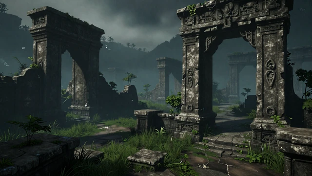 Survival game editorial - ancient ruins in an overgrown post-apocalyptic world