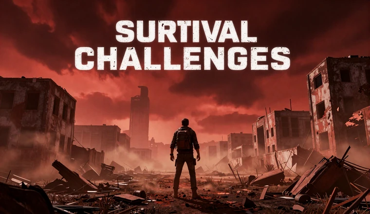 Survival Challenges collection - lone survivor in post-apocalyptic wasteland under red dust storm
