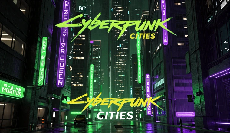 Cyberpunk Cities collection - neon-soaked megacity at night with acid green and purple lights