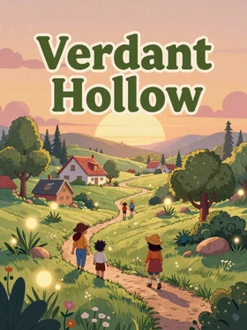 Verdant Hollow game cover - charming magical countryside with glowing plants at sunset