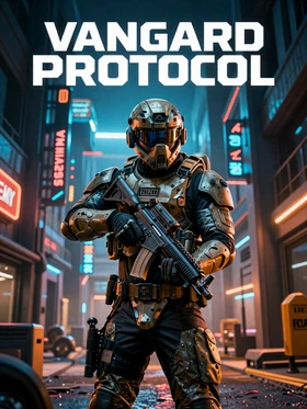 Vanguard Protocol game cover - armored soldier in neon-lit urban warzone