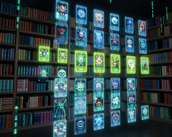 QuantumShelf digital library - glowing holographic game shelves in a futuristic data space
