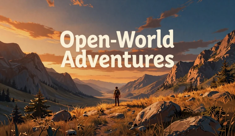 Open-World Adventures collection - vast mountain landscape with explorer at golden hour
