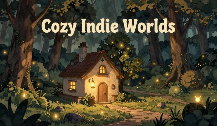 Cozy Indie Worlds collection - magical forest cottage with fireflies and warm lantern light