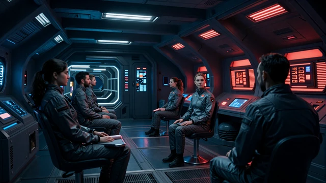New release editorial - sci-fi space station in emergency with crew members