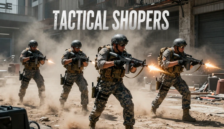 Tactical Shooters collection - elite military squad in urban combat zone with smoke and harsh lighting