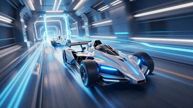 Upcoming racing game teaser - hovercrafts on neon track with speed blur effects