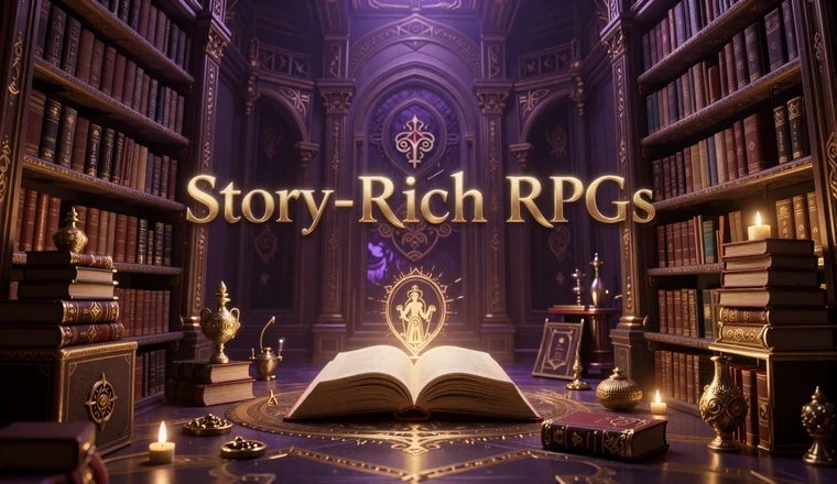 Story-Rich RPGs collection - ancient magical library with glowing books and golden artifacts