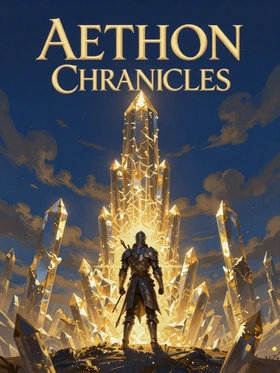 Aethon Chronicles game cover - lone knight before a glowing crystal tower in a dramatic fantasy sky